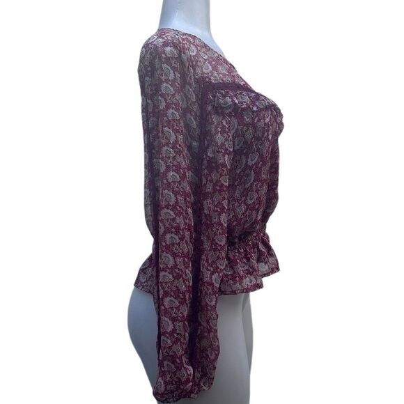 American Eagle Outfitters Blouse Women's Medium Burgundy Floral Chiffon Ruffle - Picture 6 of 13
